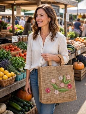 Natural Straw Tote with Pink Floral Embroidery